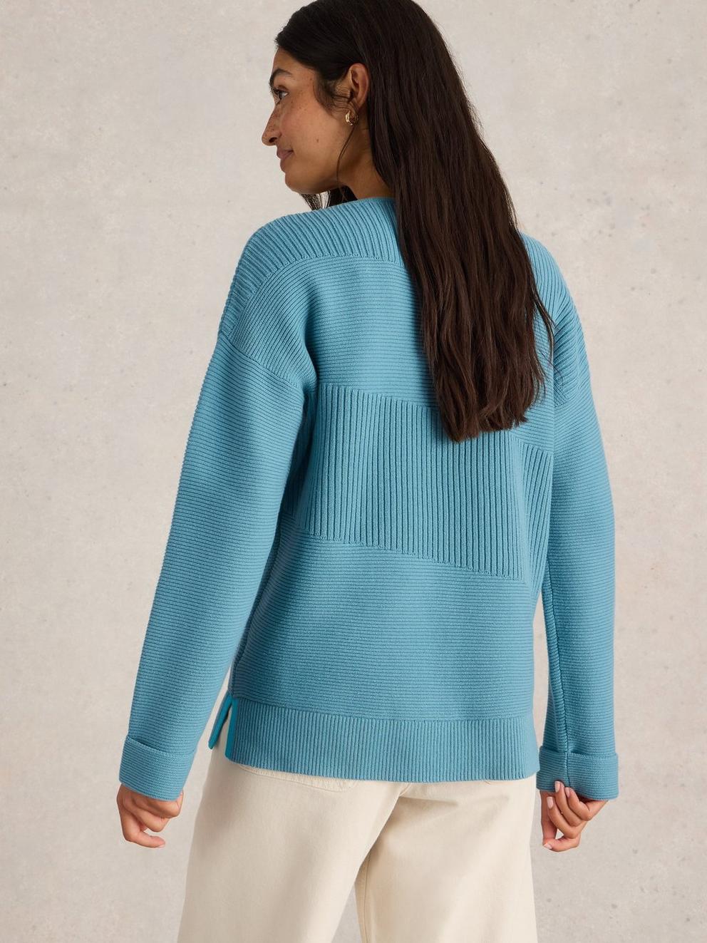 JANA MIX STITCH JUMPER in MID BLUE - MODEL BACK