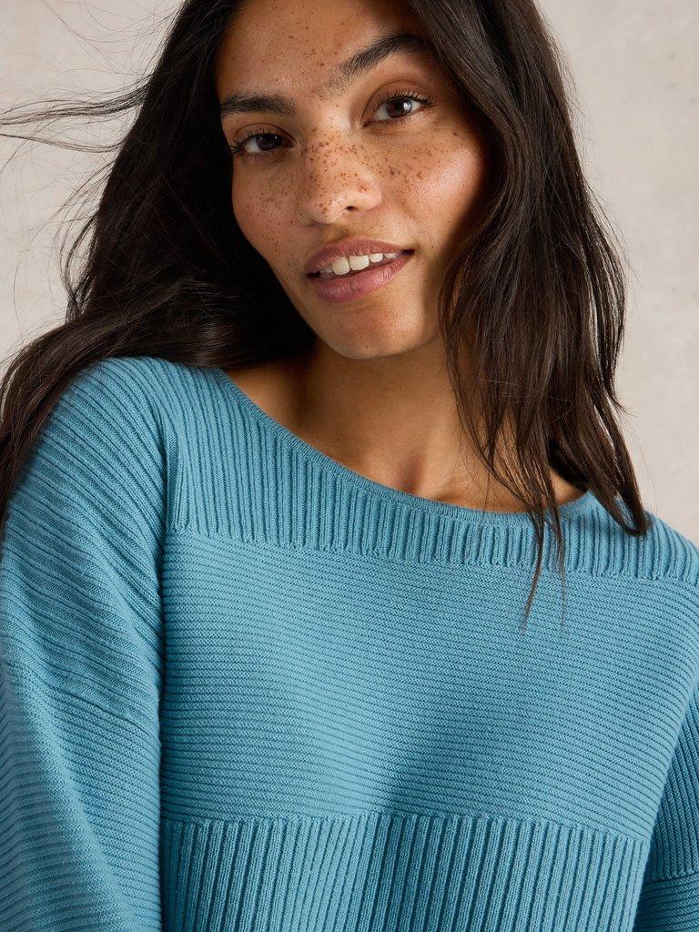 JANA MIX STITCH JUMPER in MID BLUE - MODEL DETAIL