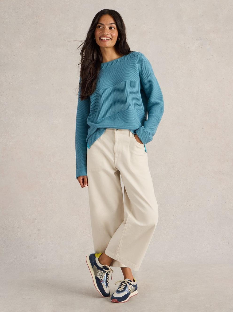 JANA MIX STITCH JUMPER in MID BLUE - MODEL FRONT