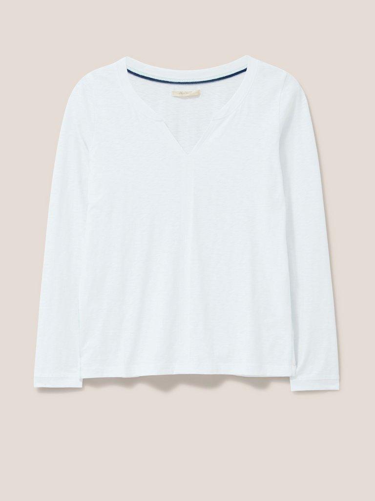 NELLY LONG SLEEVE NOTCH NECK TEE in BRIL WHITE - FLAT FRONT