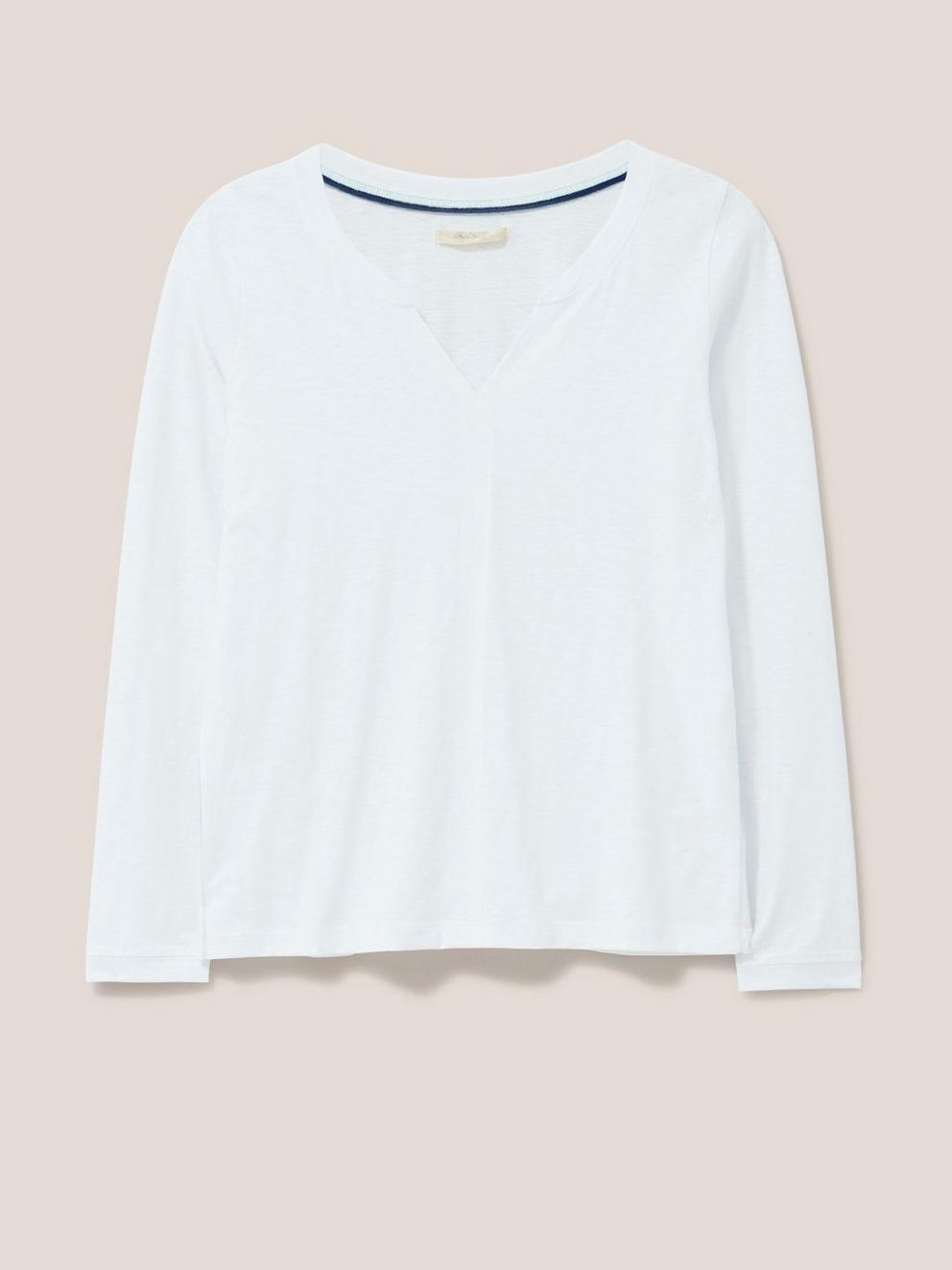 NELLY LONG SLEEVE NOTCH NECK TEE in BRIL WHITE - FLAT FRONT