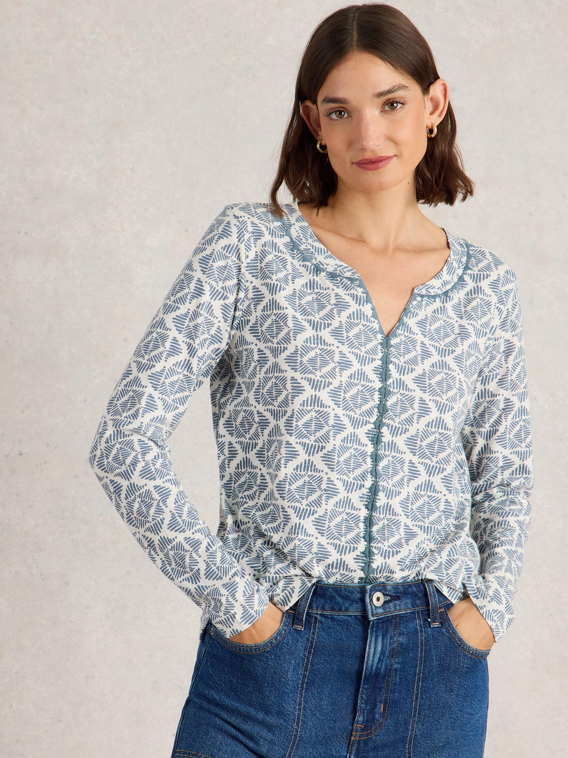White Stuff Women's Long Sleeve Floral Print Top – Navy Blue, Lyocell