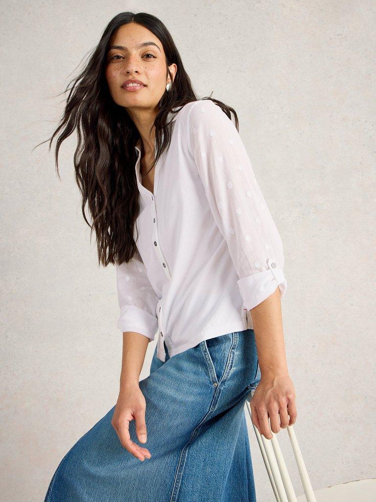ANNIE MIX JERSEY COLLARED SHIRT in PALE IVORY - LIFESTYLE