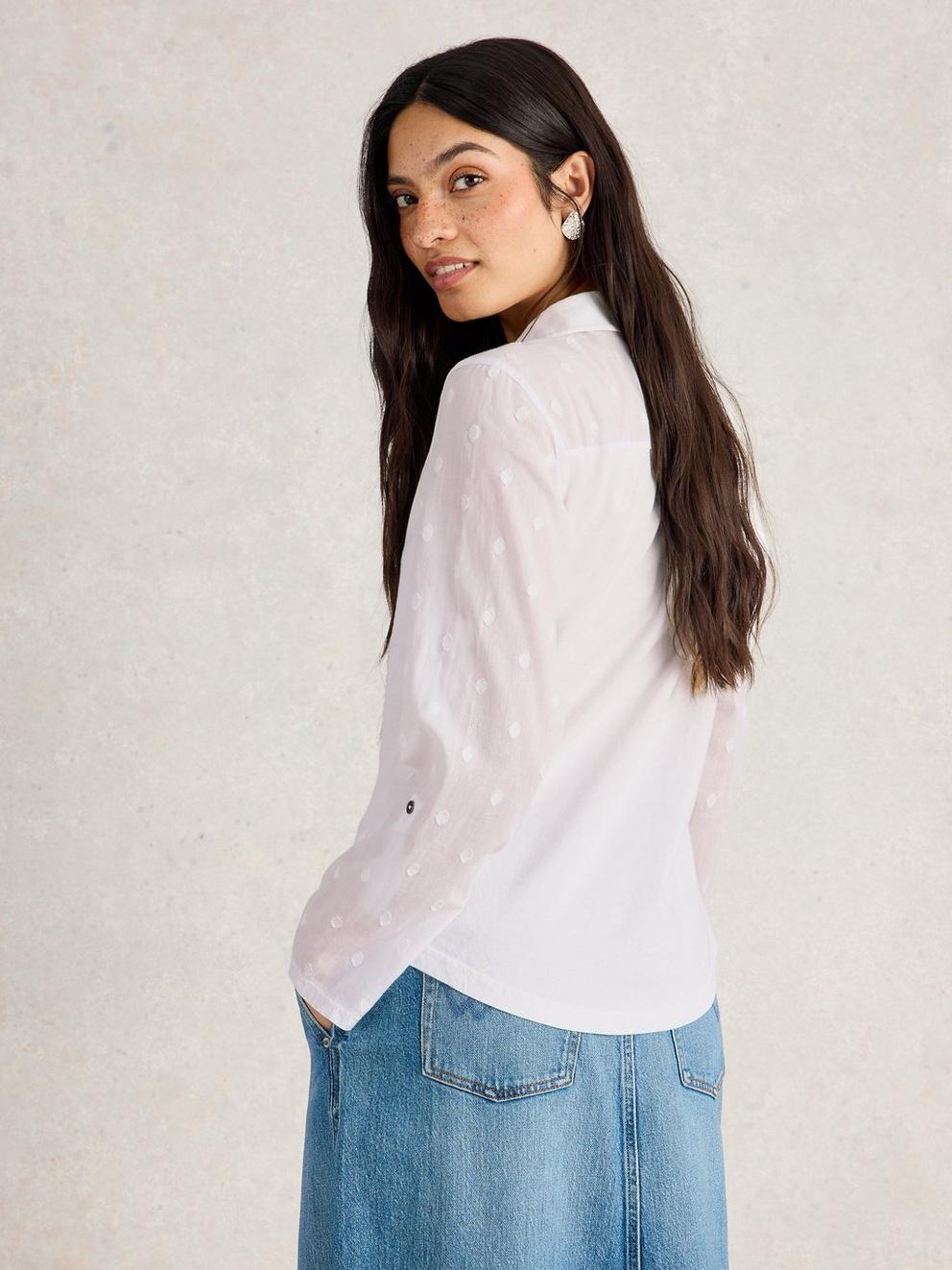 ANNIE MIX JERSEY COLLARED SHIRT in PALE IVORY - MODEL BACK