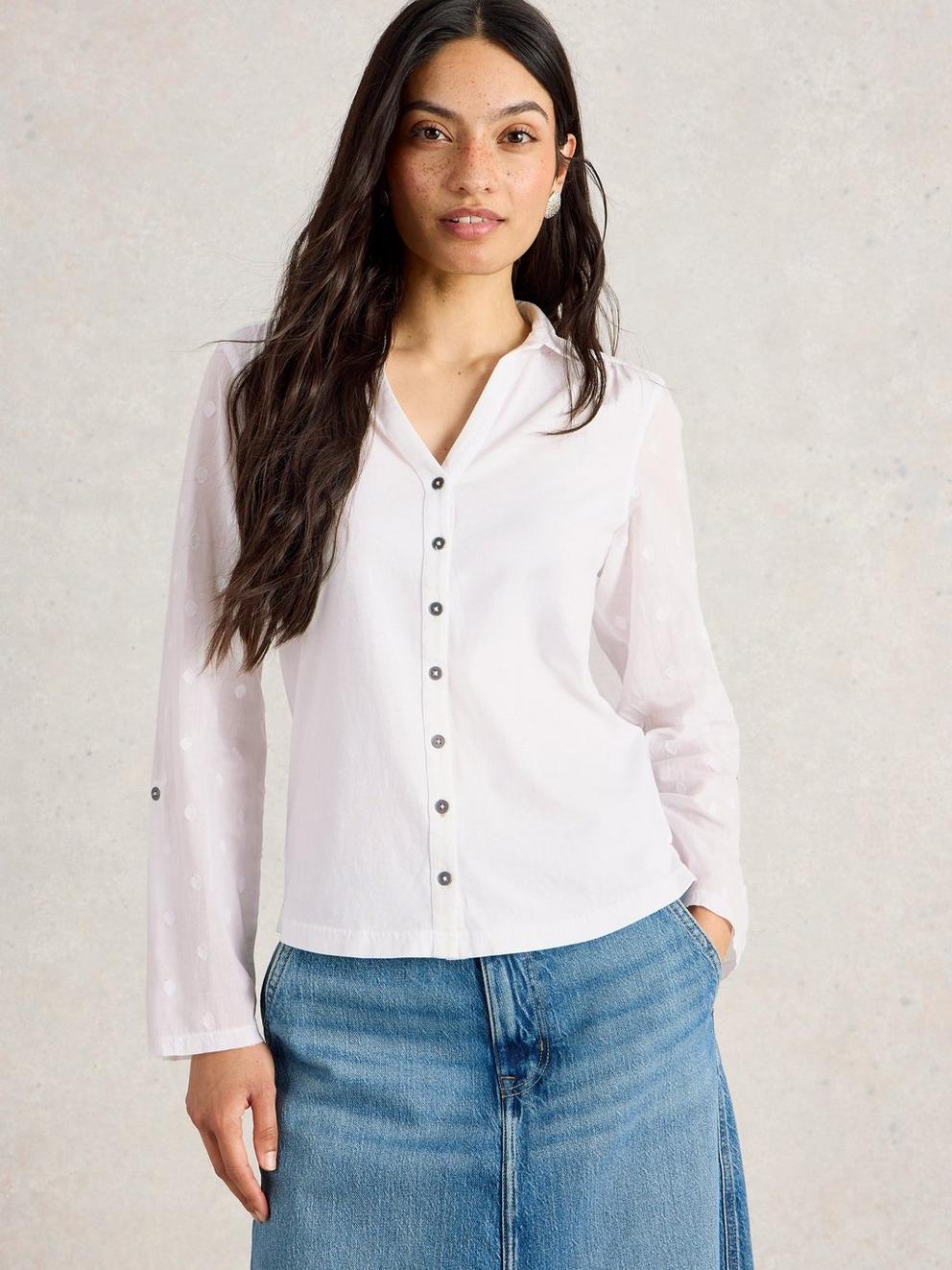 ANNIE MIX JERSEY COLLARED SHIRT in PALE IVORY - MODEL DETAIL