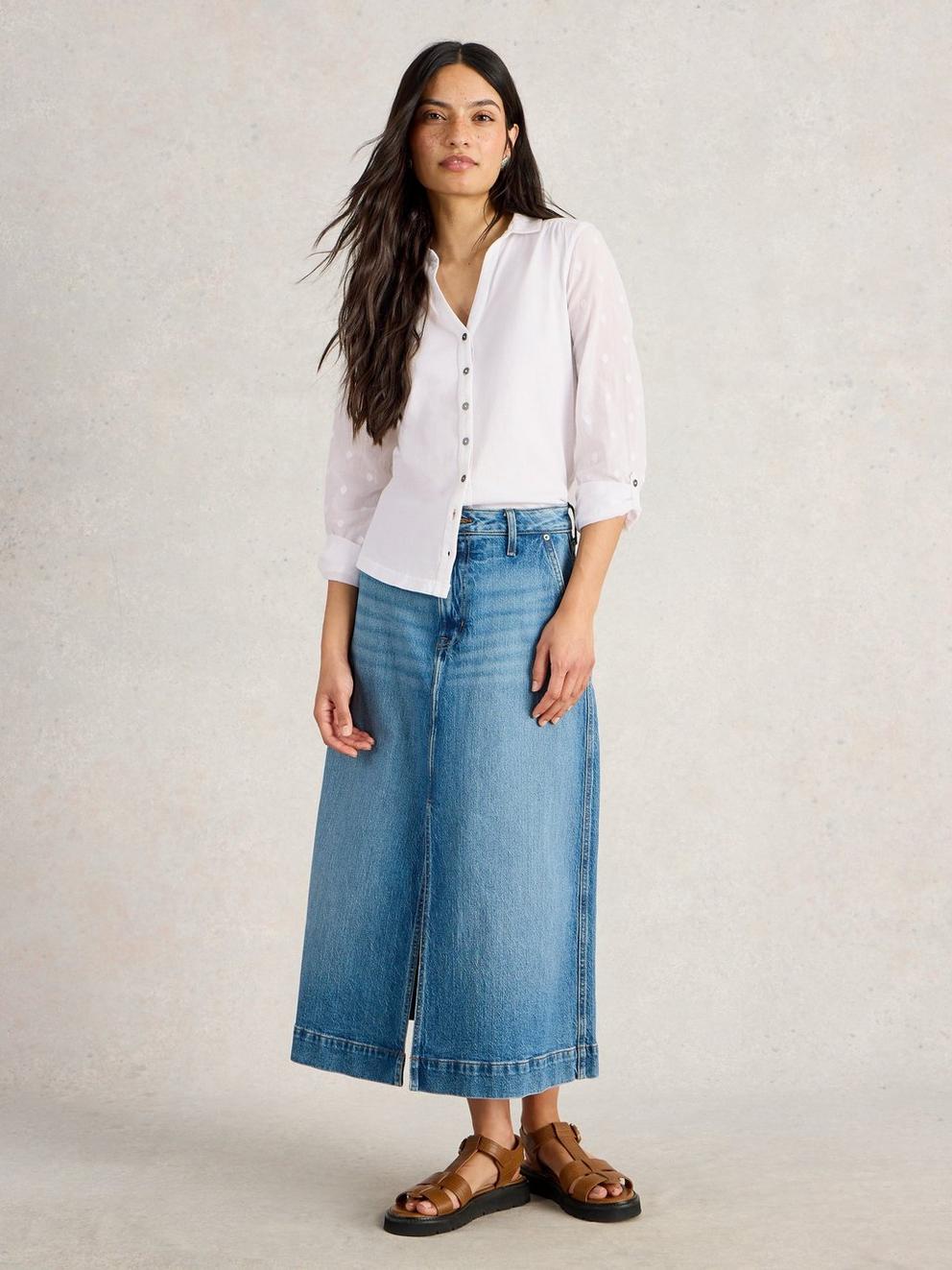 ANNIE MIX JERSEY COLLARED SHIRT in PALE IVORY - MODEL FRONT