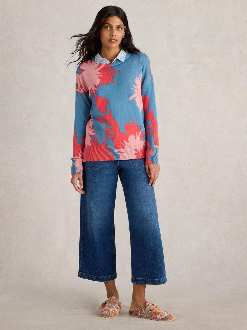 OLIVE FLORAL JUMPER in BLUE PR - MODEL FRONT