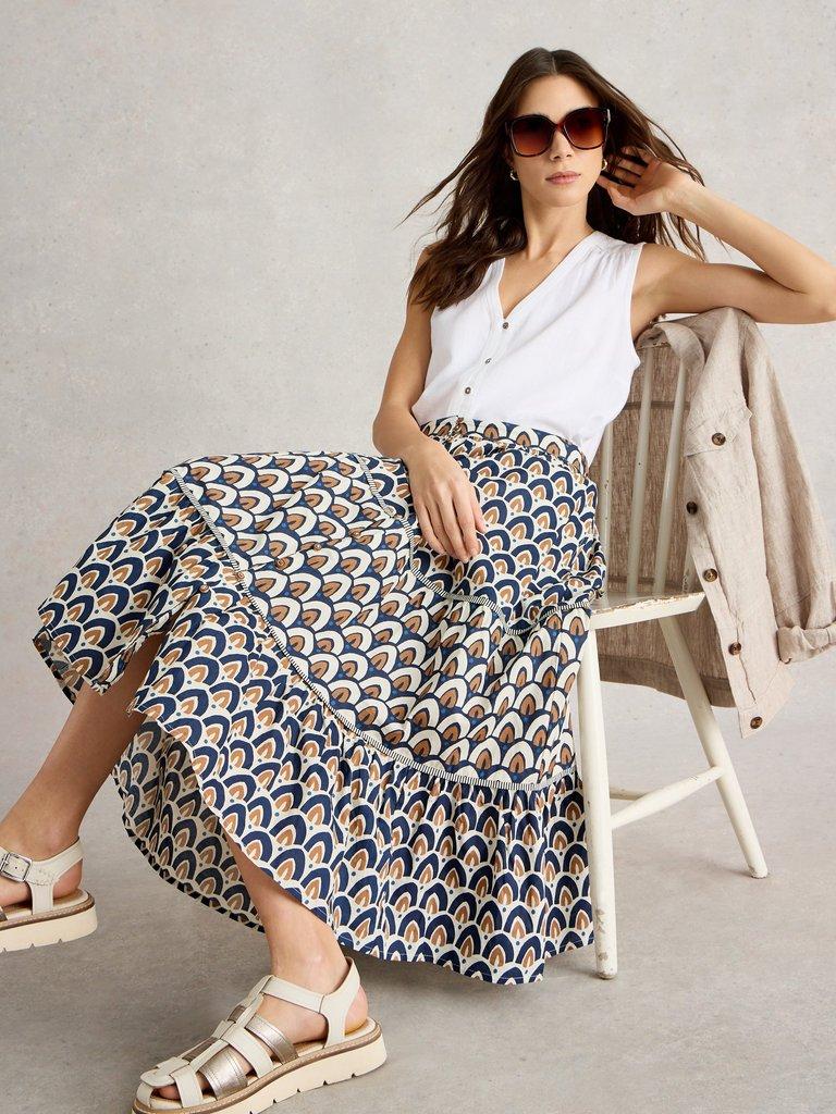 Ariel Mix Print Midi Skirt in NAVY PR - LIFESTYLE