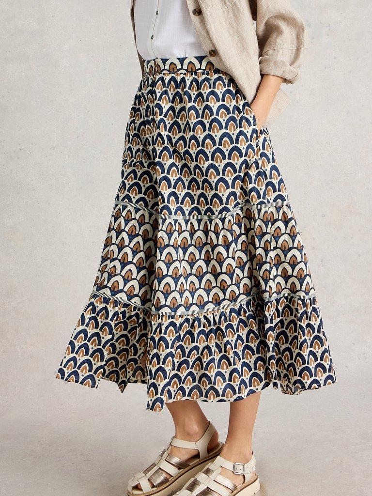 Ariel Mix Print Midi Skirt in NAVY PR - MODEL DETAIL