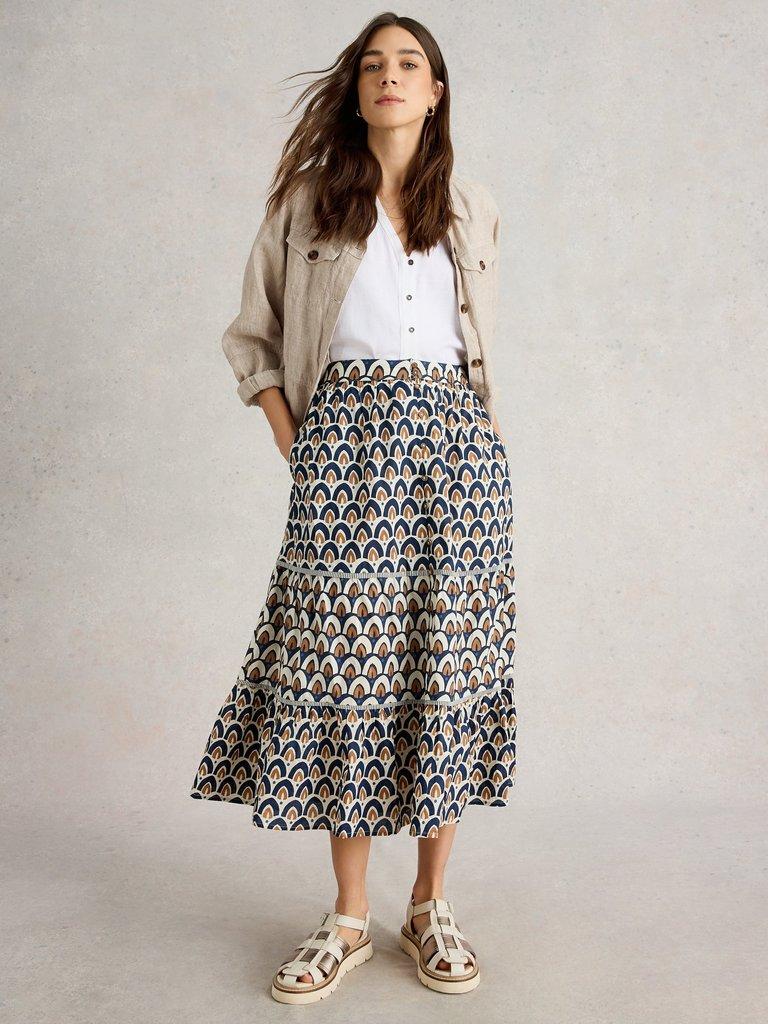 Ariel Mix Print Midi Skirt in NAVY PR - MODEL FRONT