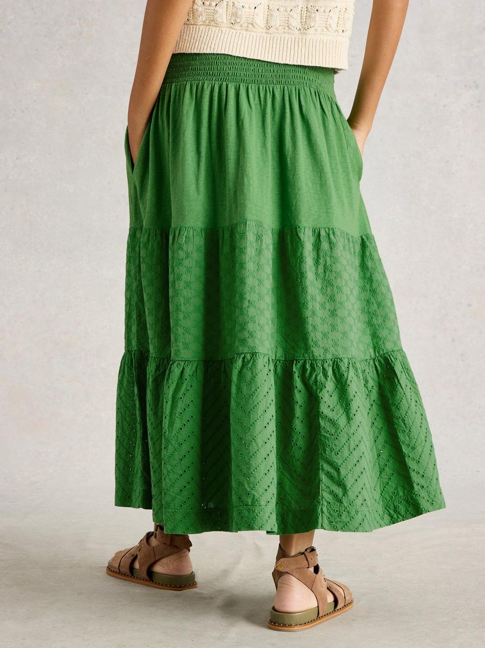 Marissa Maxi Broderie Skirt in BRT GREEN - MODEL BACK