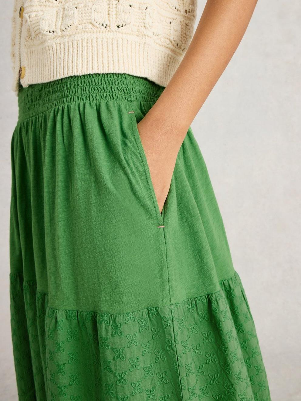Marissa Maxi Broderie Skirt in BRT GREEN - MODEL DETAIL