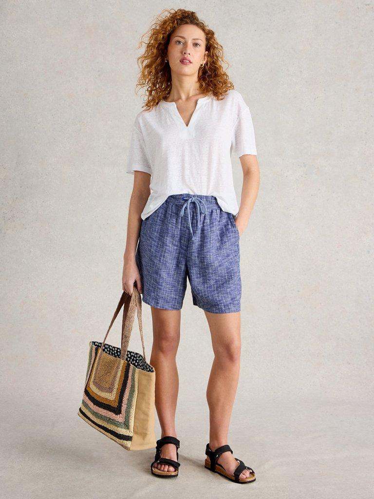 Belle Linen Short in BLUE MLT - MODEL FRONT