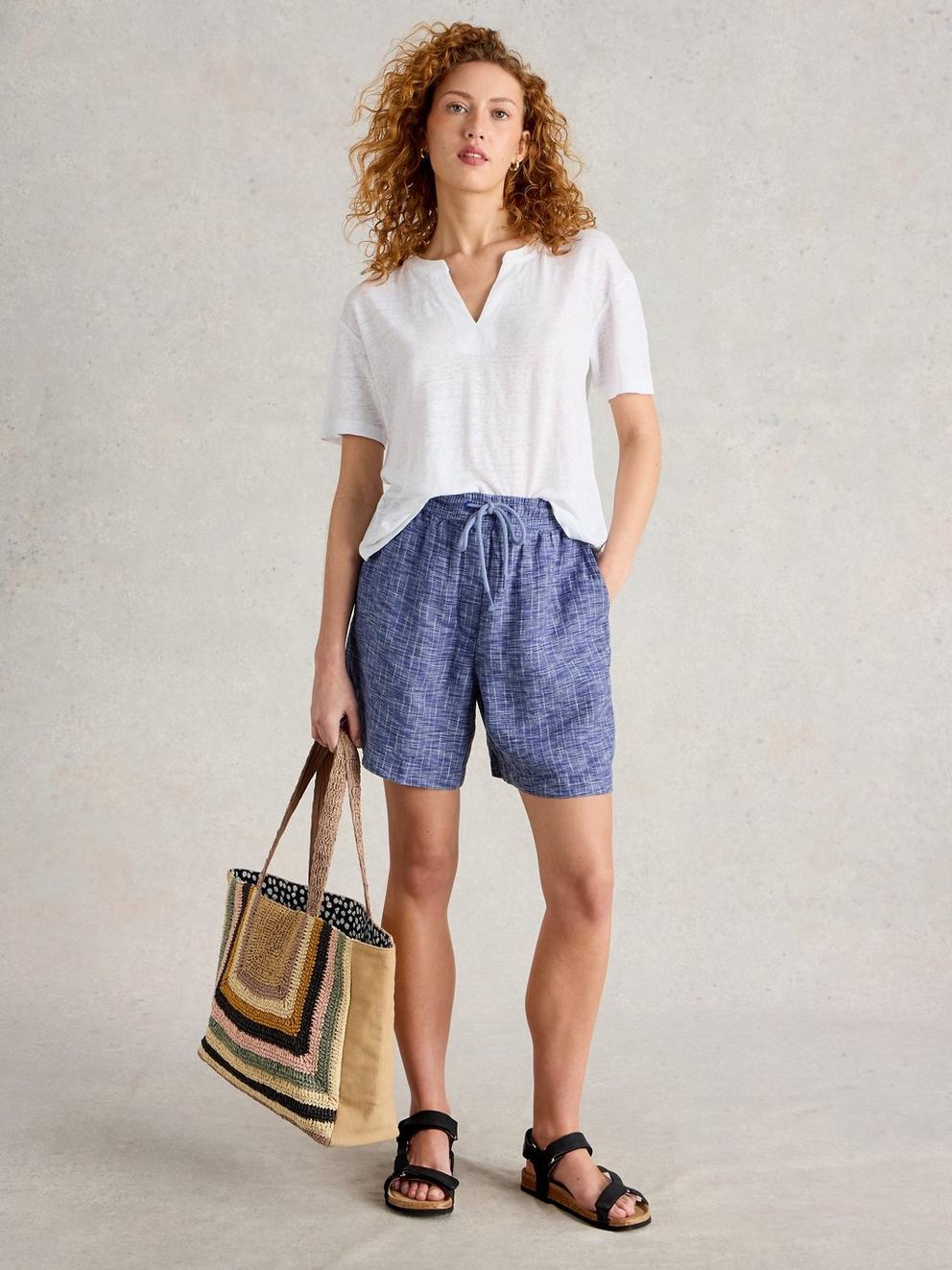 Belle Linen Short in BLUE MLT - MODEL FRONT