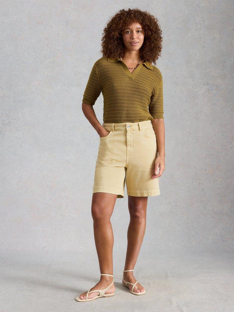 Tia Denim Shorts in LGT GREEN - MODEL FRONT