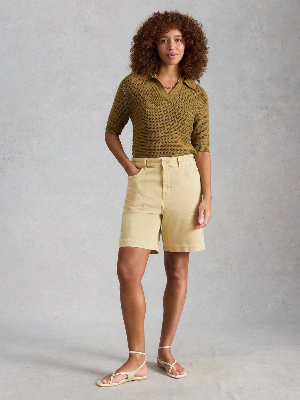 Tia Denim Shorts in LGT GREEN - MODEL FRONT