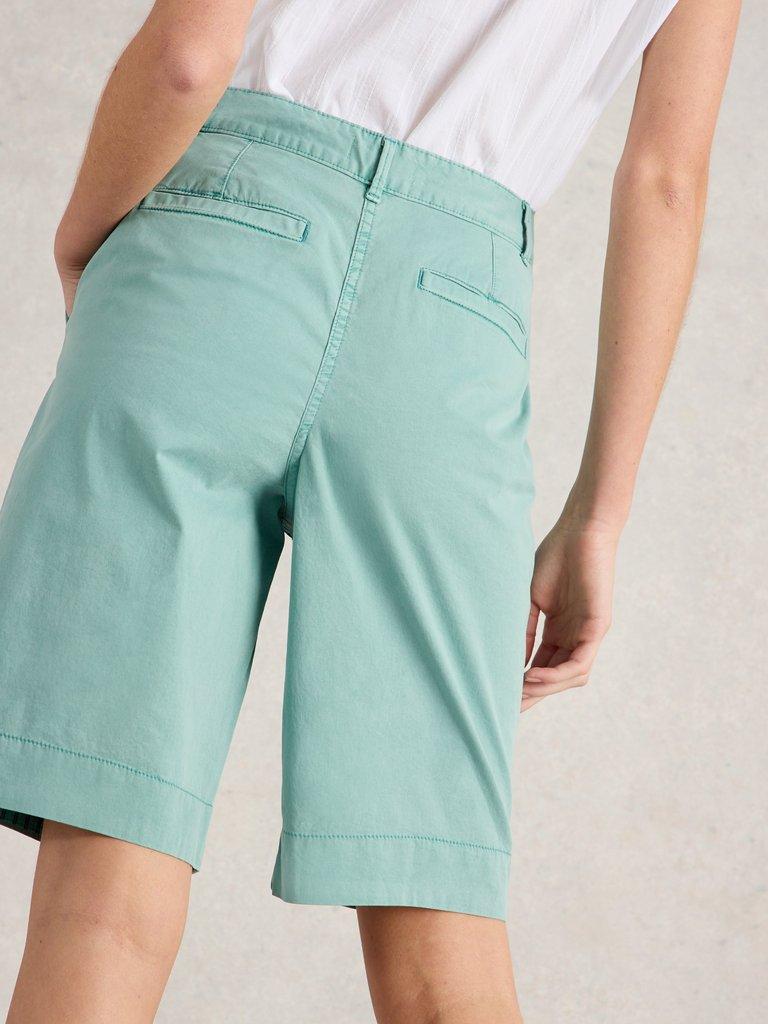 Hayley Organic Chino Short in MID TEAL - MODEL BACK