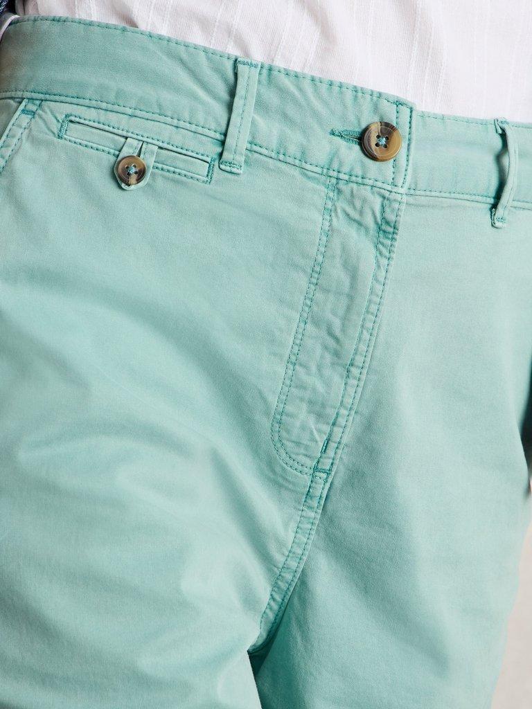 Hayley Organic Chino Short in MID TEAL - MODEL DETAIL