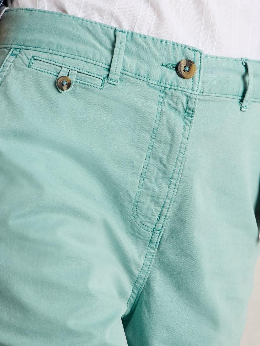 Hayley Organic Chino Short in MID TEAL - MODEL DETAIL