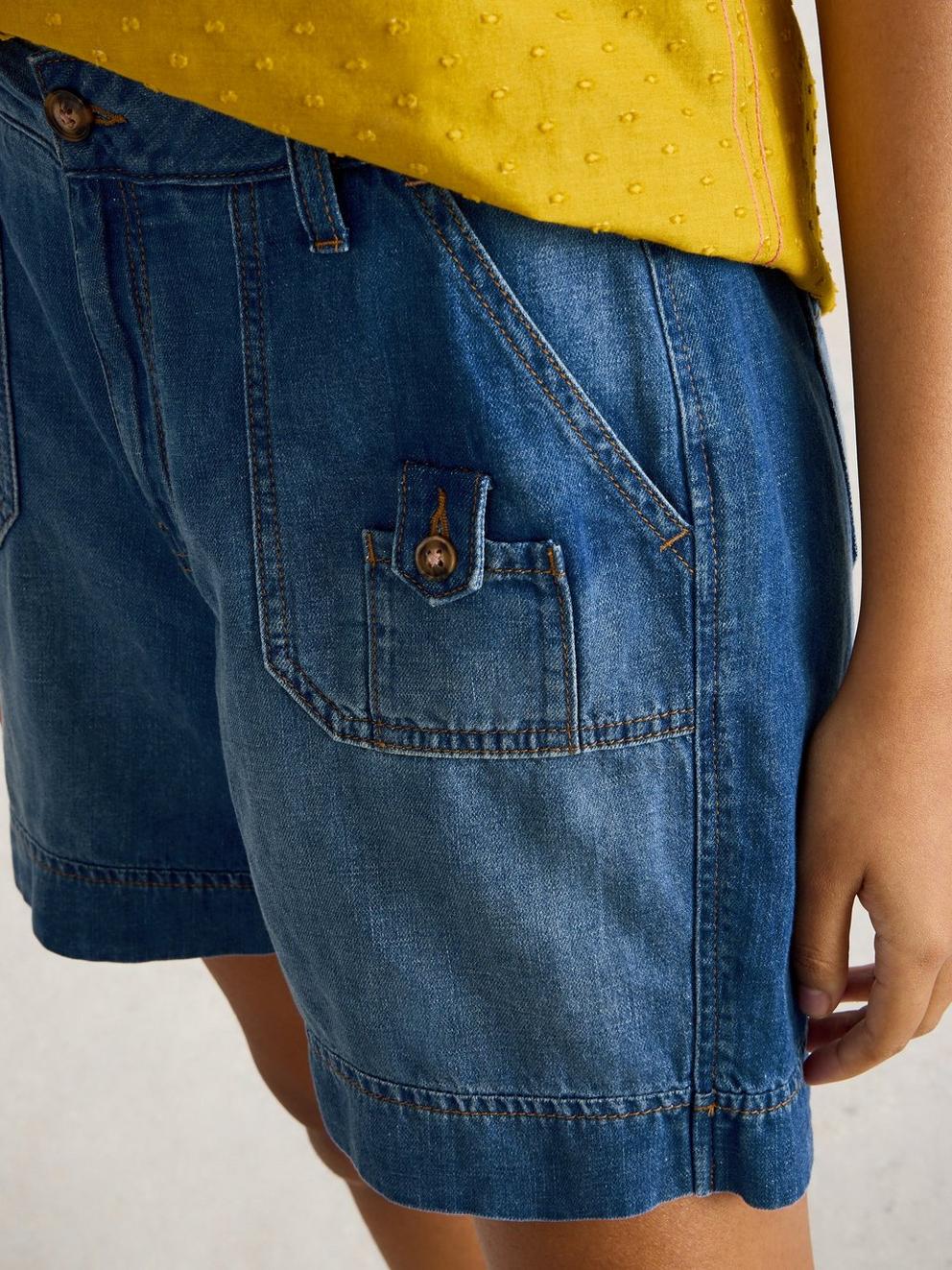 Combat Mollie Denim Shorts in DK DENIM - MODEL DETAIL
