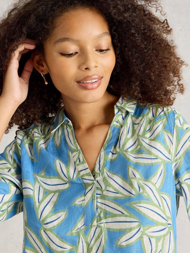 Blake Linen Collared Tunic in BLUE PR - MODEL DETAIL