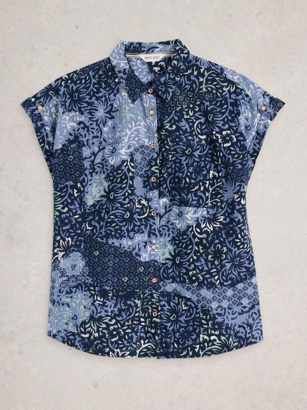 Ellie Organic Cotton Collared Shirt in BLUE MLT - FLAT FRONT