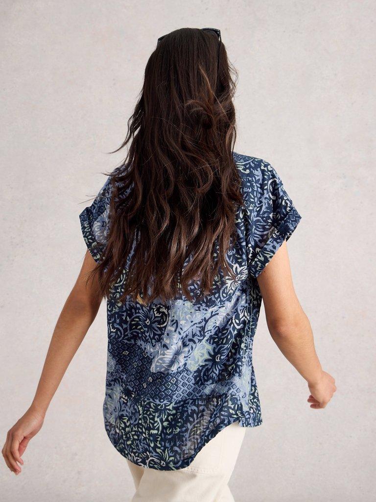 Ellie Organic Cotton Collared Shirt in BLUE MLT - MODEL BACK