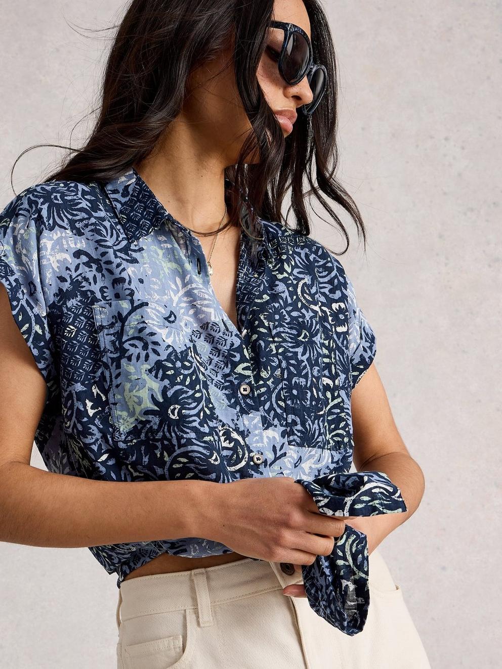 Ellie Organic Cotton Collared Shirt in BLUE MLT - MODEL DETAIL