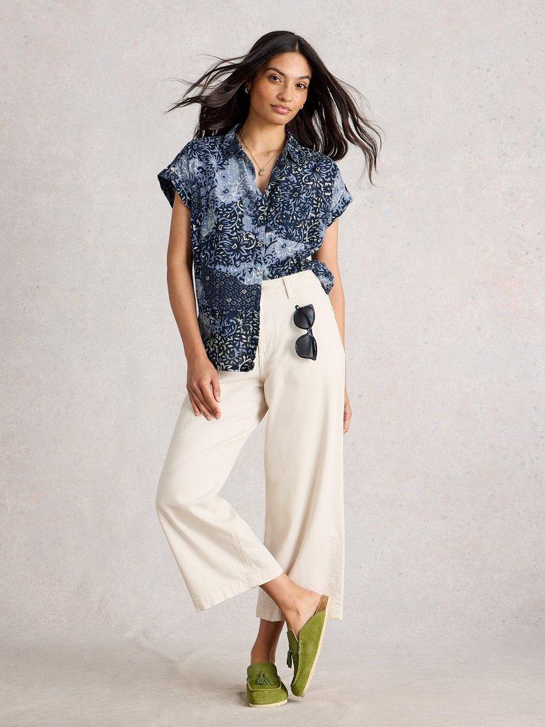 Ellie Organic Cotton Collared Shirt in BLUE MLT - MODEL FRONT