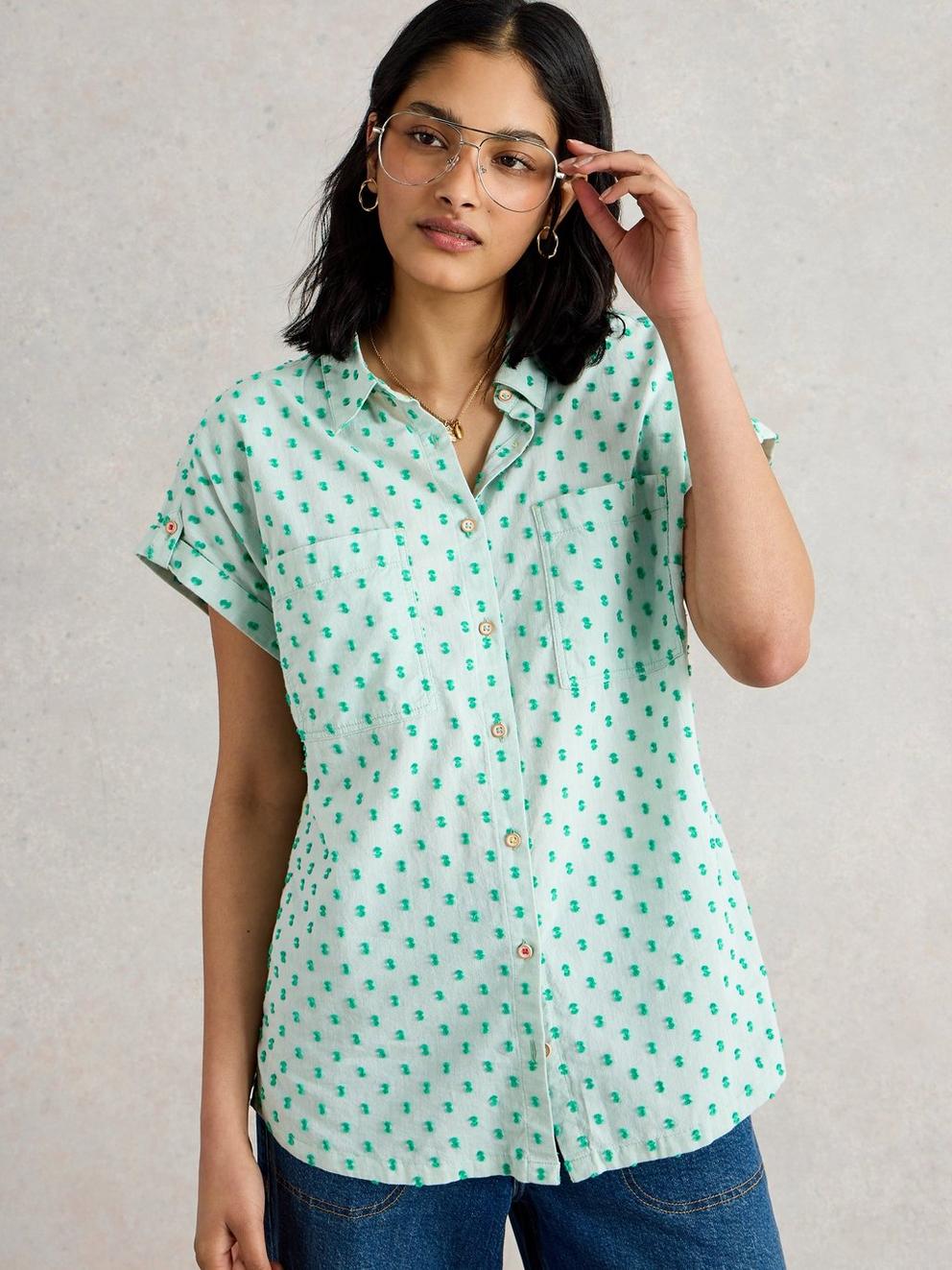 Ellie Organic Cotton Collared Shirt in GREEN MLT - LIFESTYLE