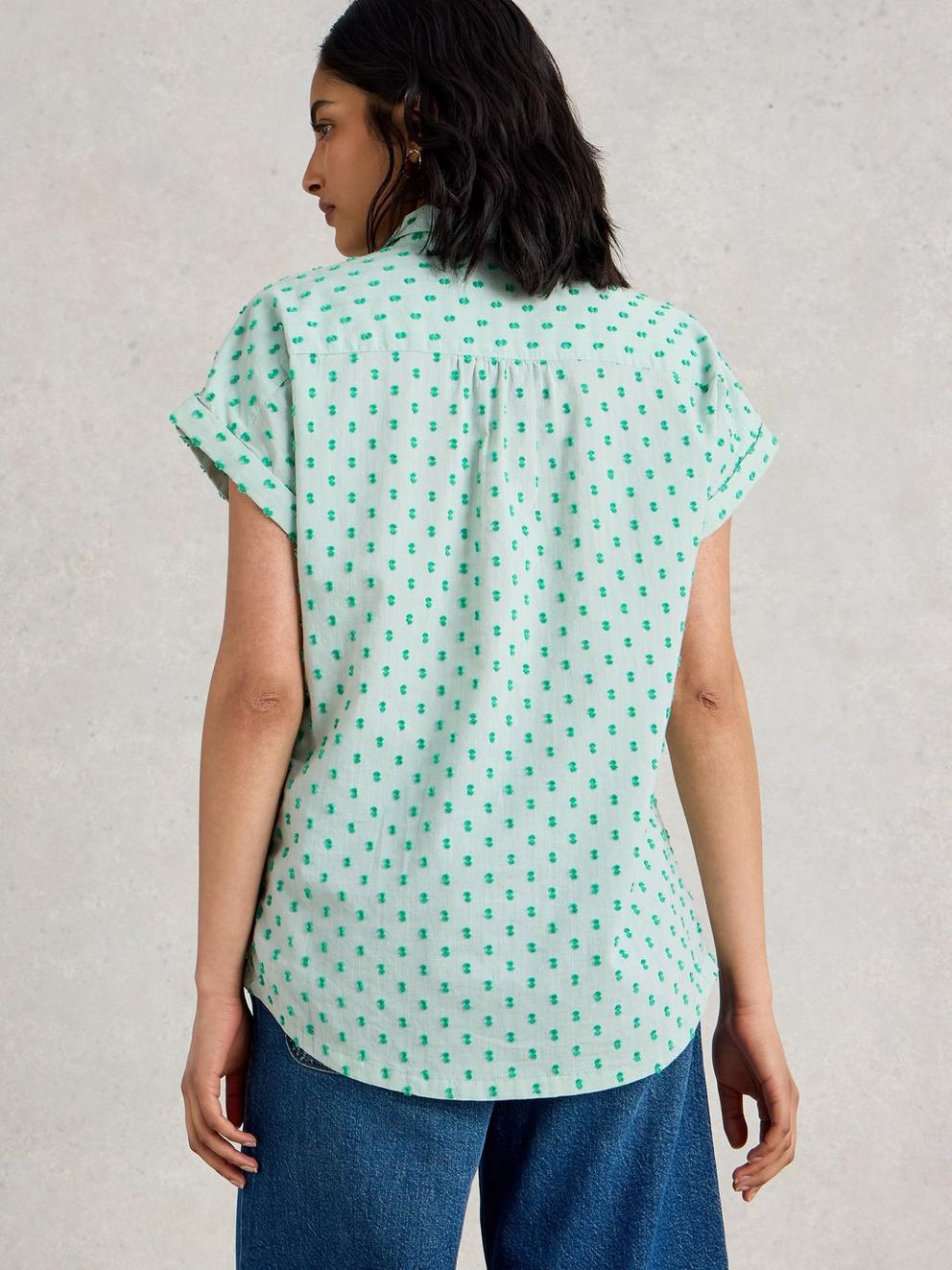 Ellie Organic Cotton Collared Shirt in GREEN MLT - MODEL BACK