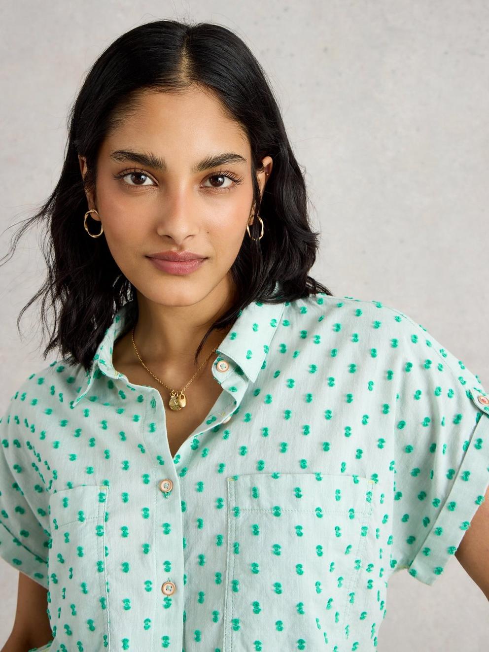 Ellie Organic Cotton Collared Shirt in GREEN MLT - MODEL DETAIL