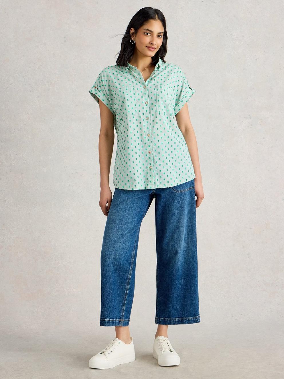 Ellie Organic Cotton Collared Shirt in GREEN MLT - MODEL FRONT