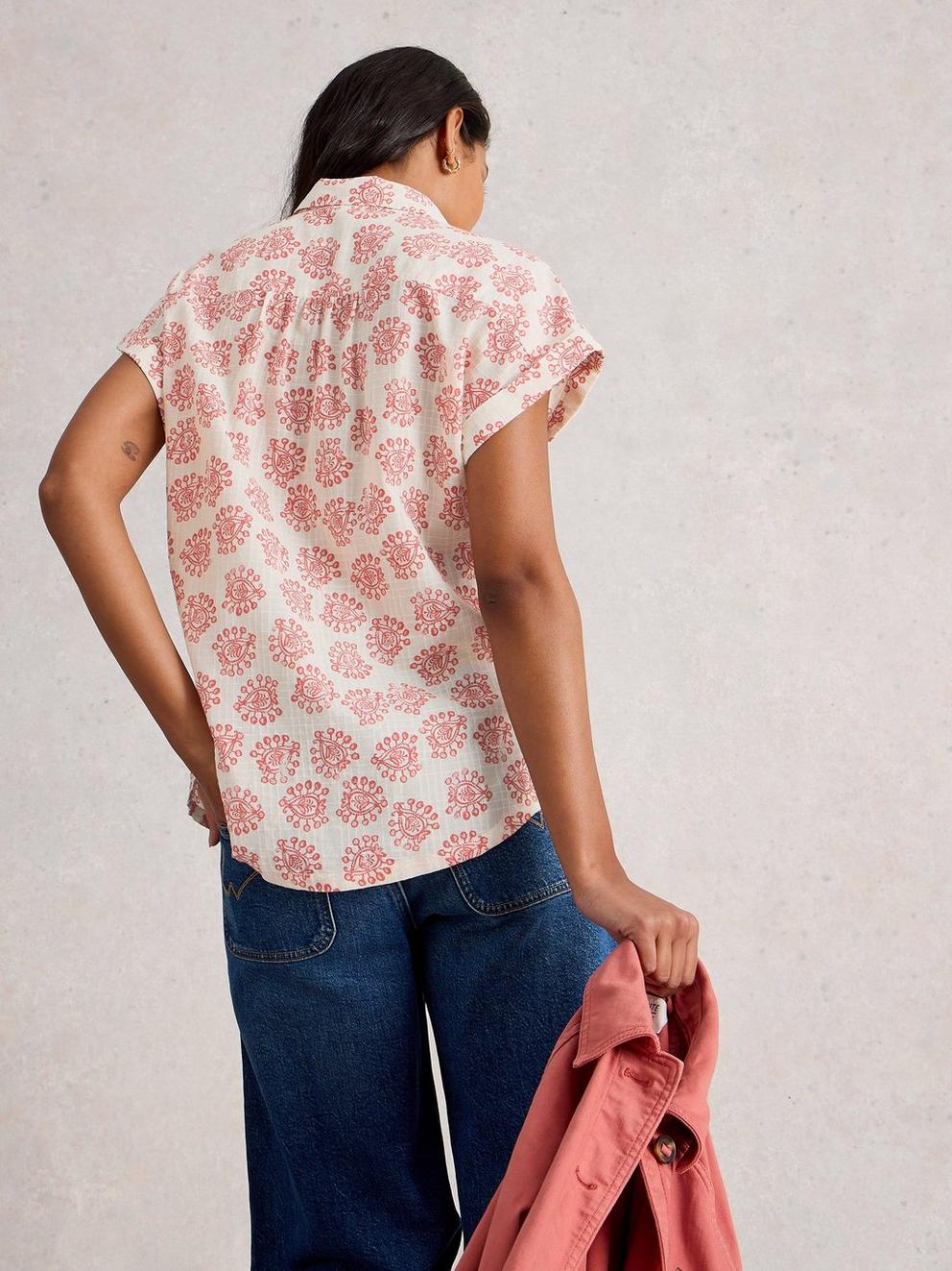 Ellie Organic Cotton Collared Shirt in IVORY MLT - MODEL BACK