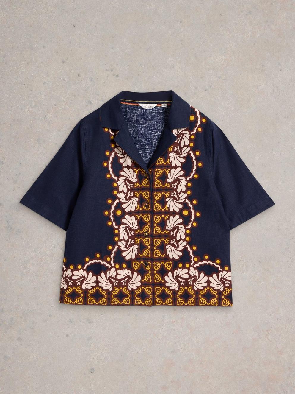 Bella Linen Blend Resort Shirt in NAVY MULTI - FLAT FRONT