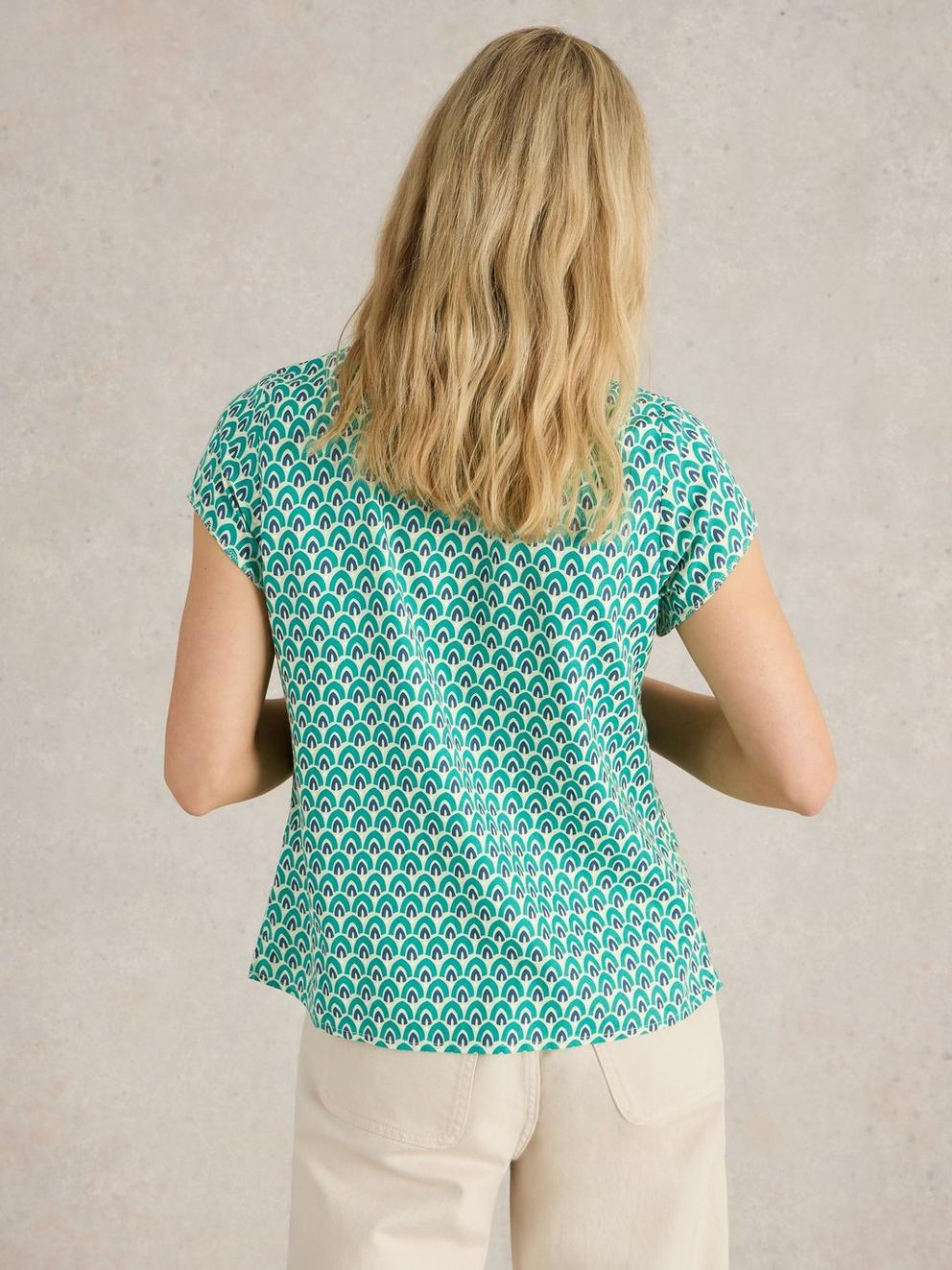Rae V Neck Organic Cotton Top in GREEN PR - MODEL BACK