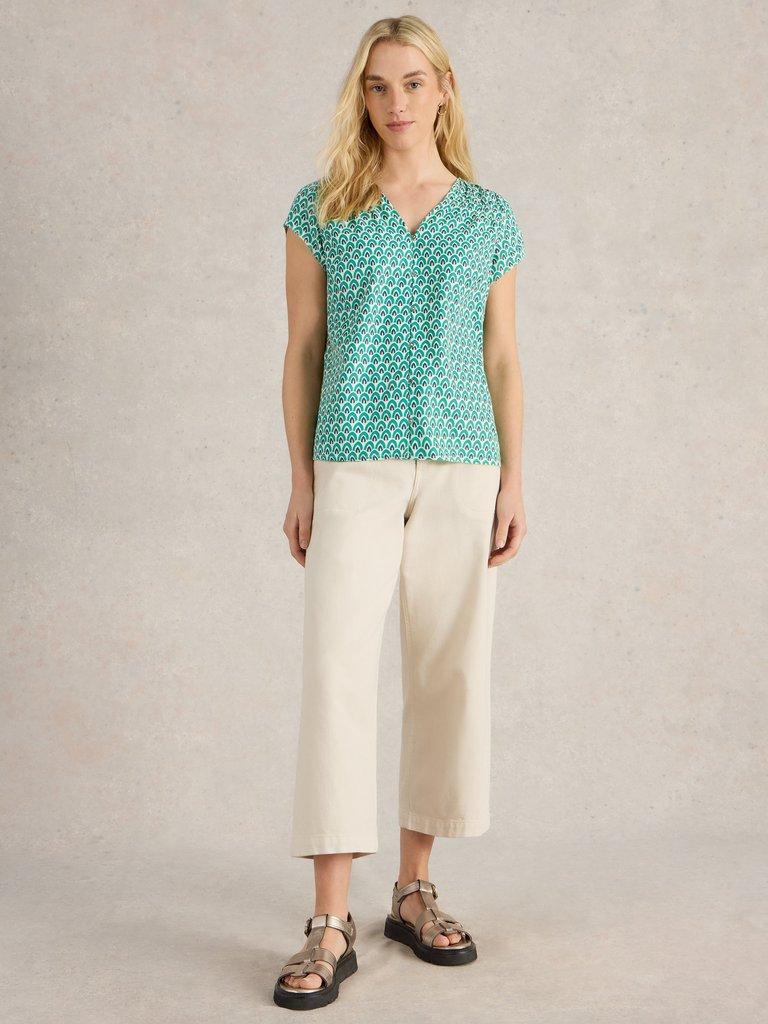 Rae V Neck Organic Cotton Top in GREEN PR - MODEL FRONT