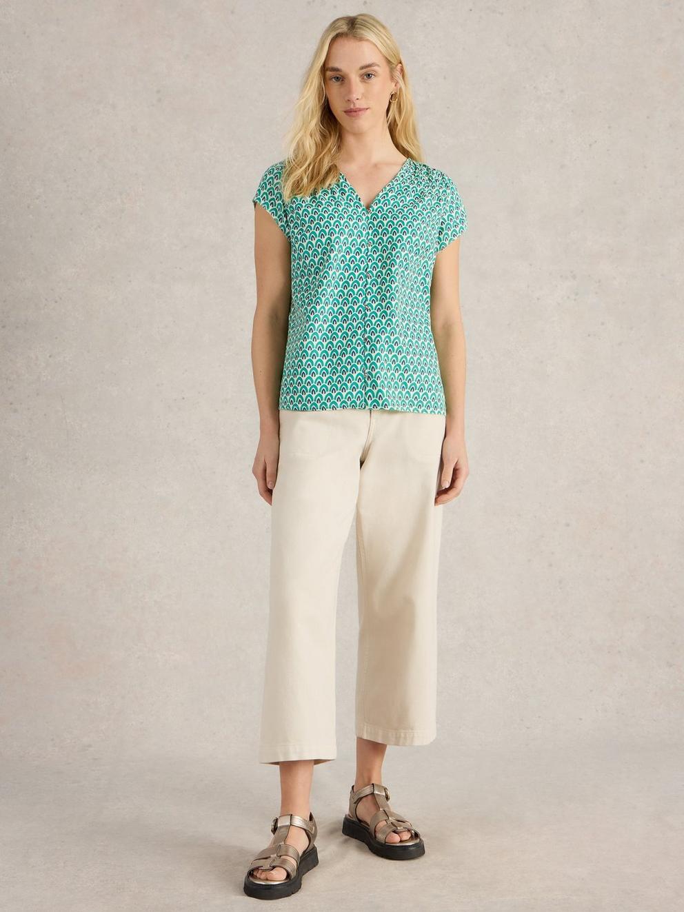 Rae V Neck Organic Cotton Top in GREEN PR - MODEL FRONT