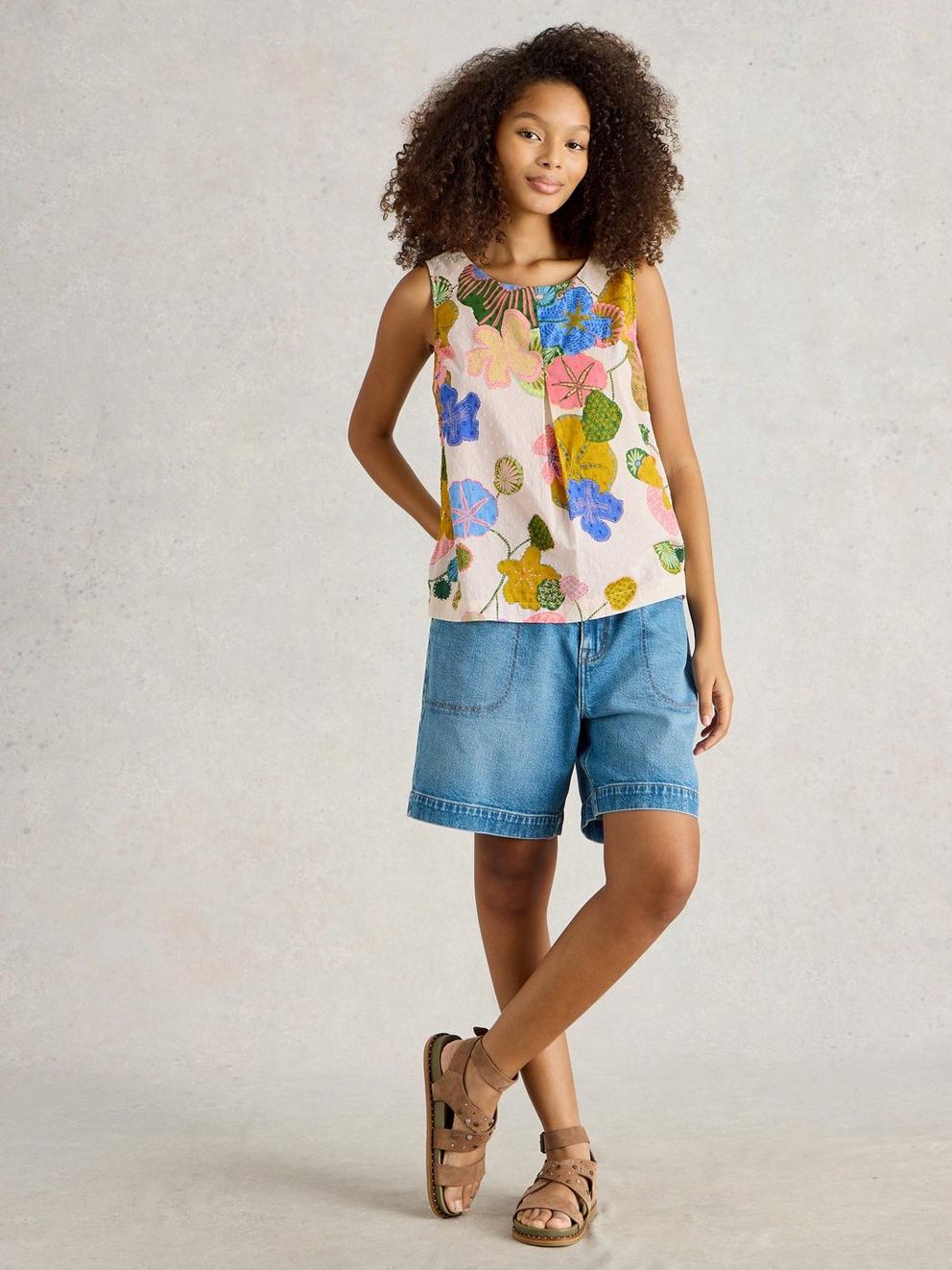 Paradise Cotton V Neck Vest in IVORY MLT - MODEL FRONT