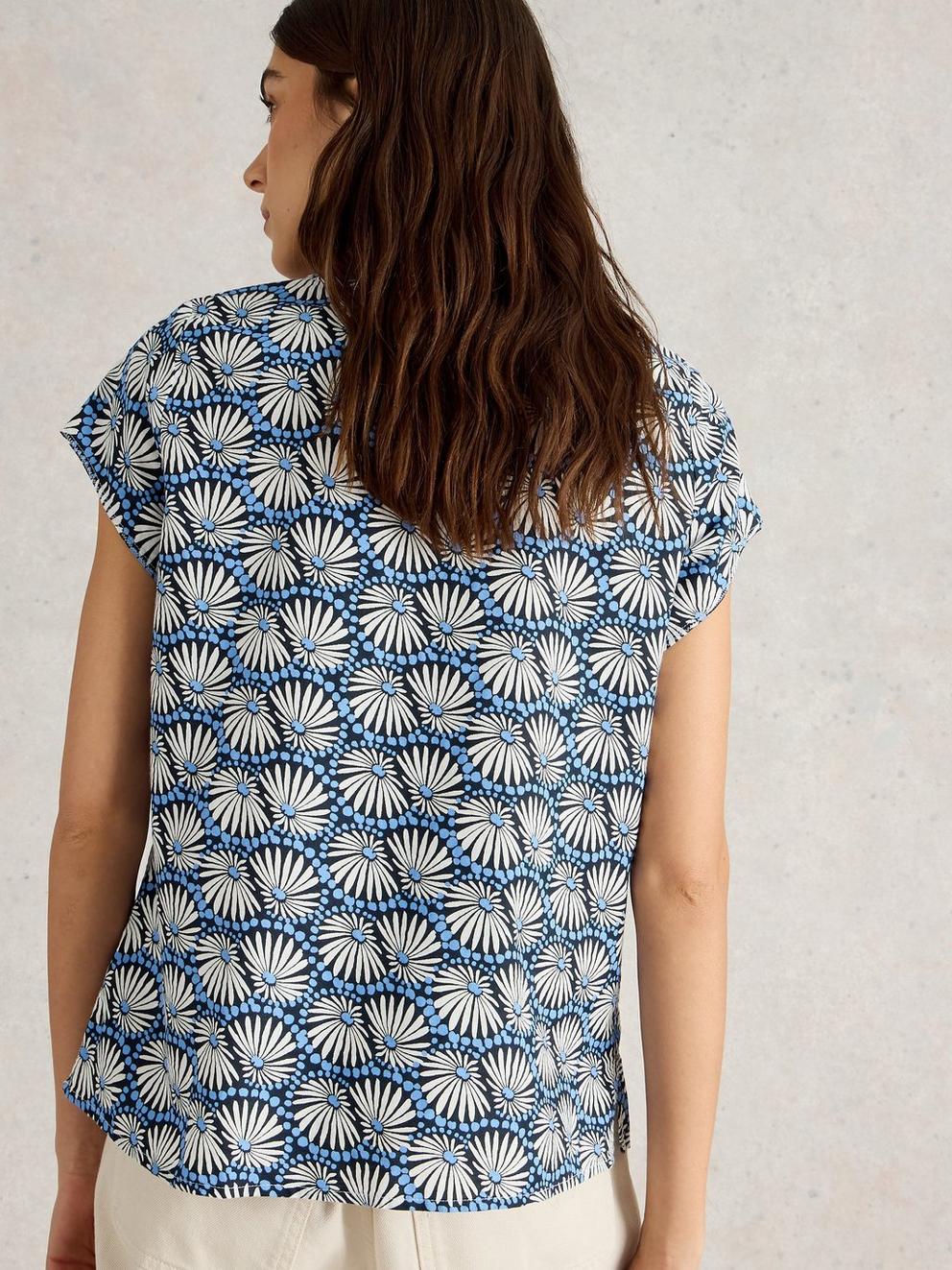 Rae Organic Cotton Top V Neck in BLUE PR - MODEL BACK