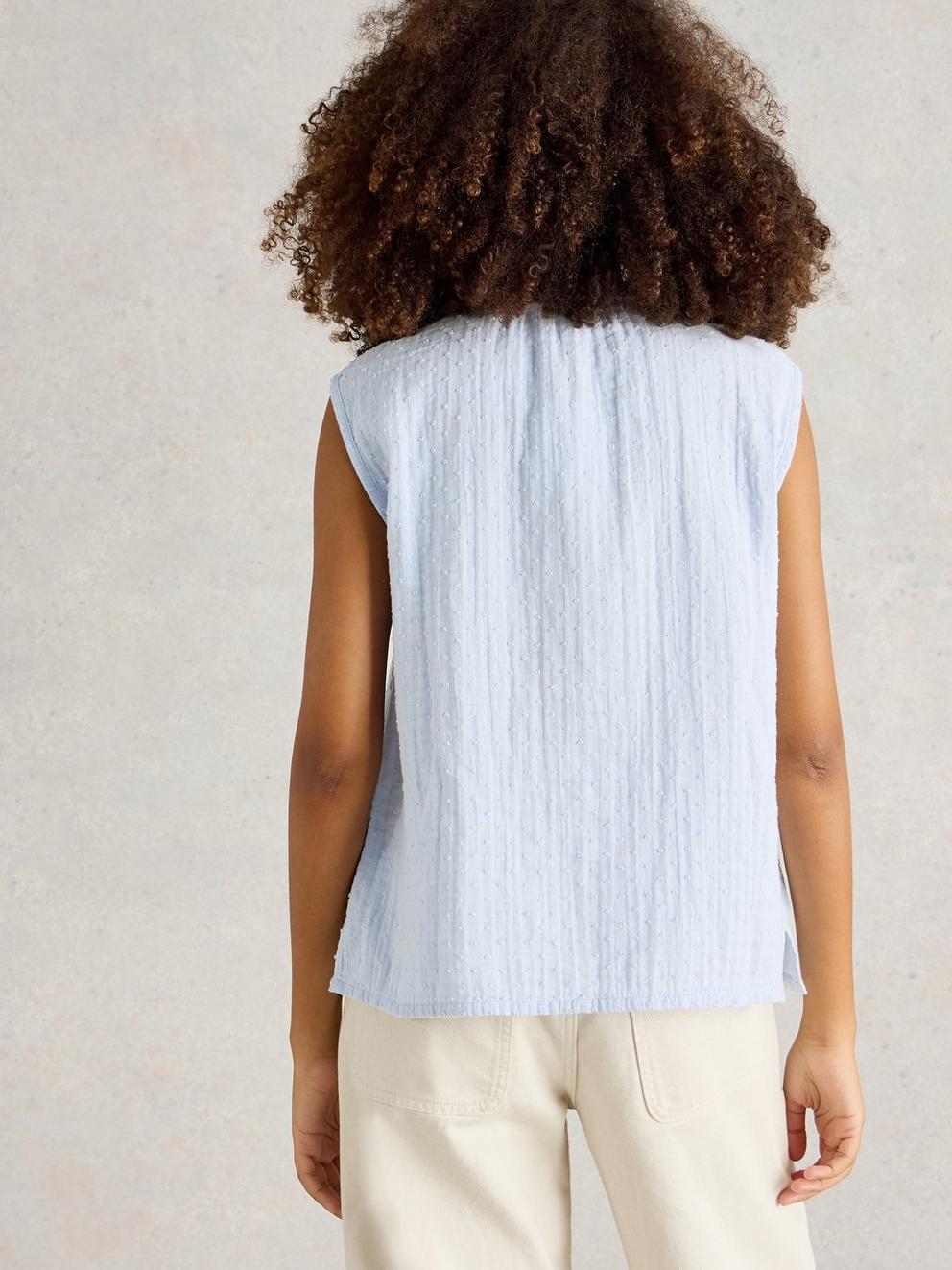 Yasmin Double Cloth V Neck Vest in LGT BLUE - MODEL BACK