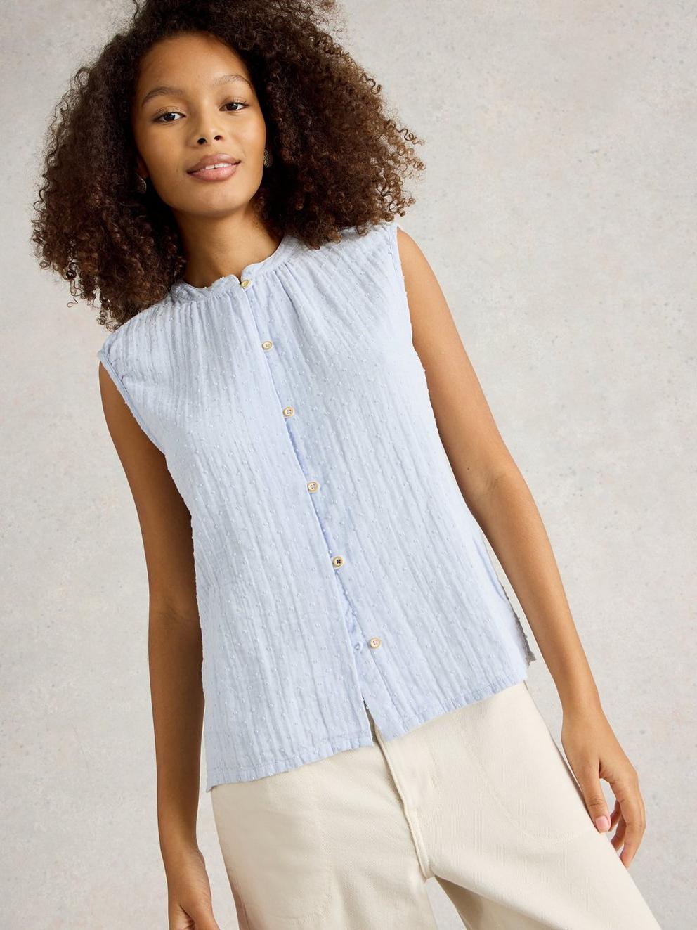 Yasmin Double Cloth V Neck Vest in LGT BLUE - MODEL DETAIL