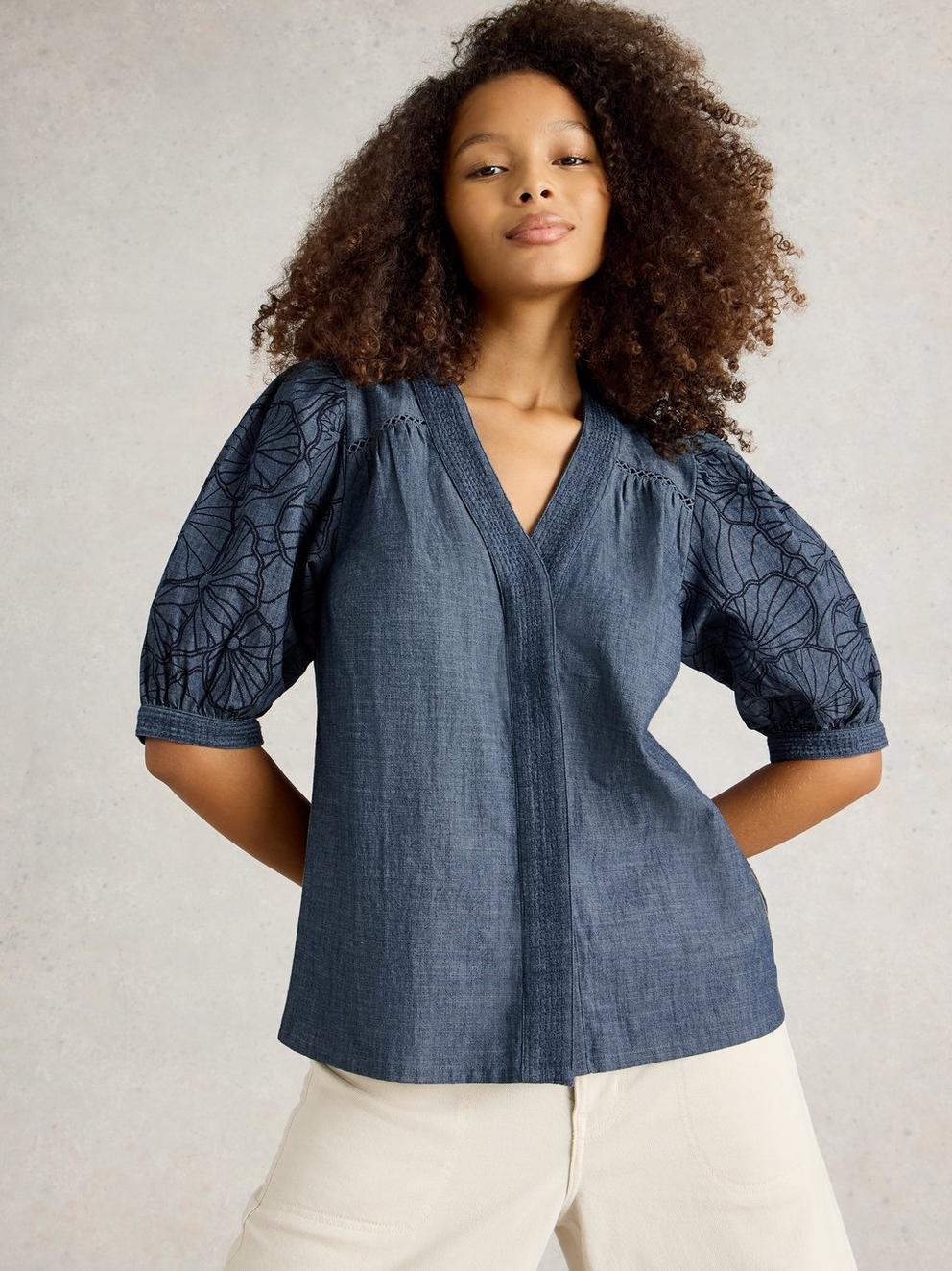 Finley Chambray Top in CHAMB BLUE - MODEL DETAIL