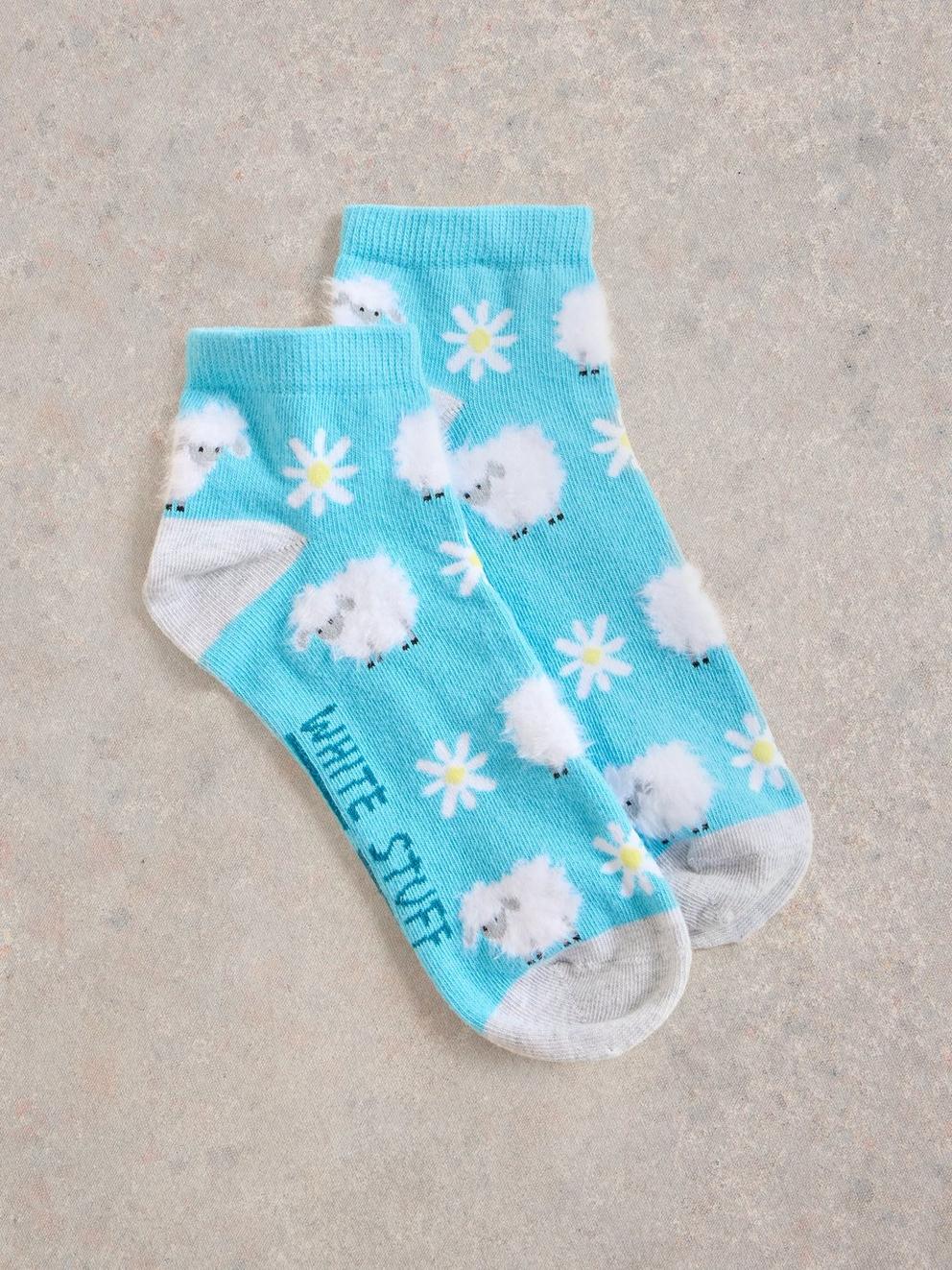 Fluffy Sheep Trainer Sock in BLUE MLT - FLAT FRONT