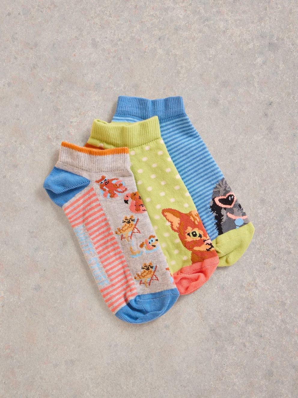 3 Pack Pet Pals Trainer Socks in BLUE MLT - FLAT FRONT