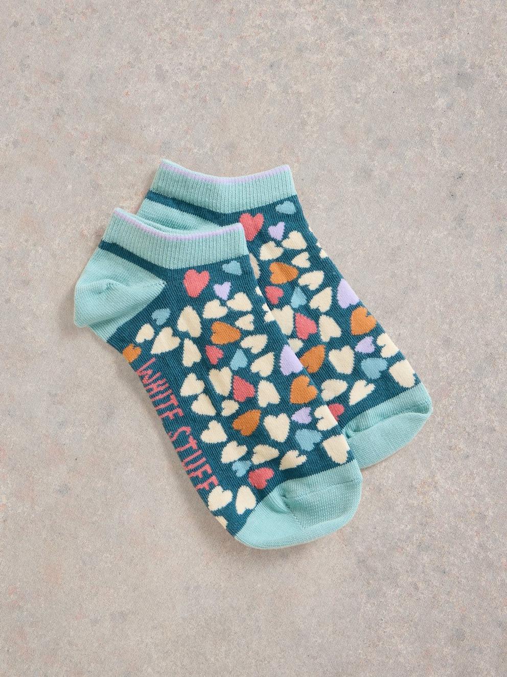 Heart Print Trainer Sock in TEAL MLT - FLAT FRONT