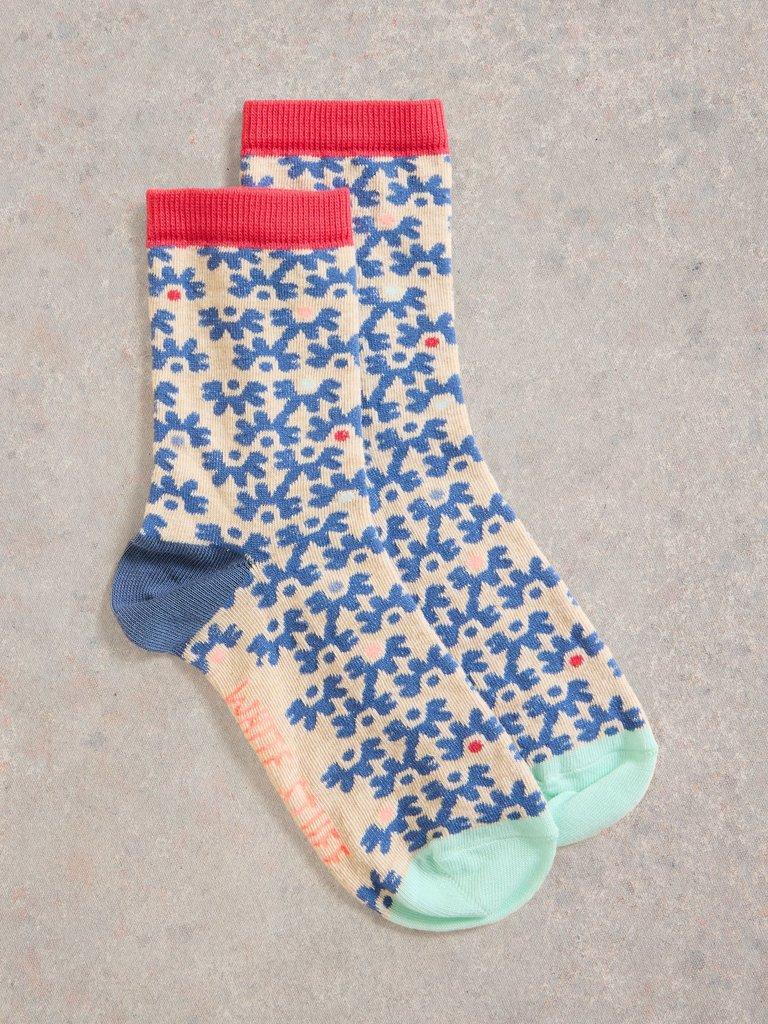 Squiggle Flower Ankle Sock in BLUE MLT - FLAT FRONT