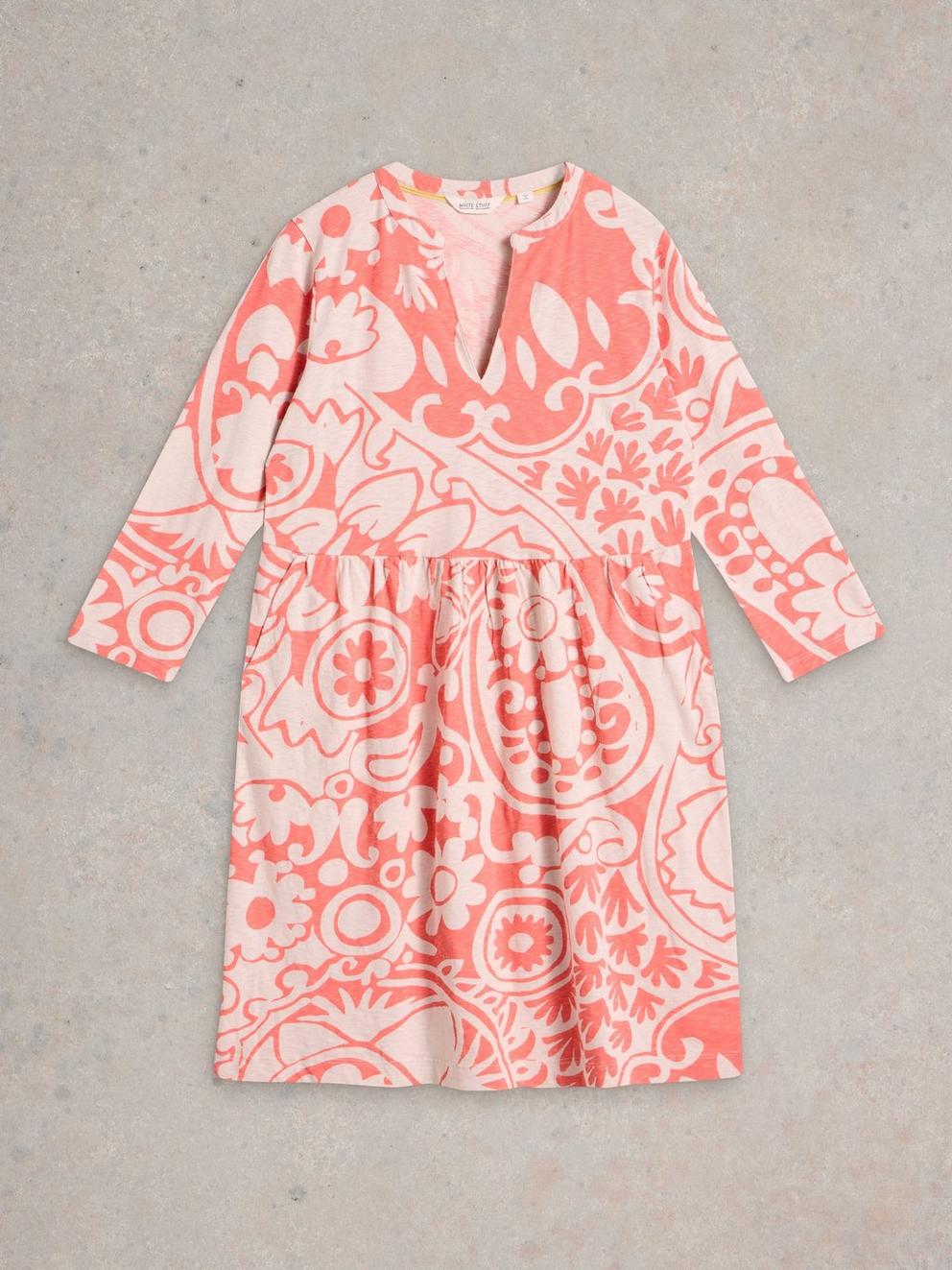 Thea Short Sleeve Jersey Dress in CORAL MLT - FLAT FRONT
