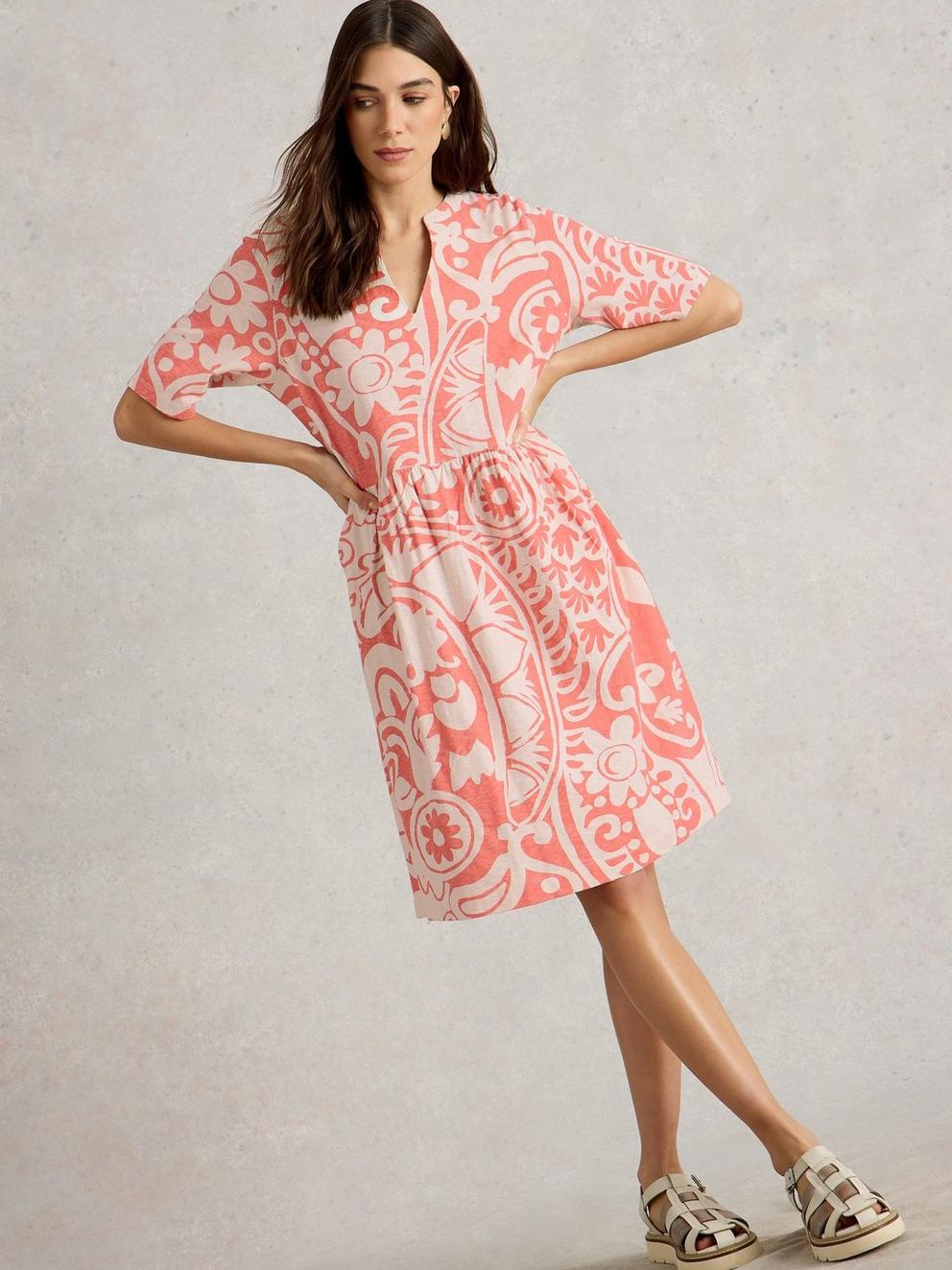 Thea Short Sleeve Jersey Dress in CORAL MLT - LIFESTYLE