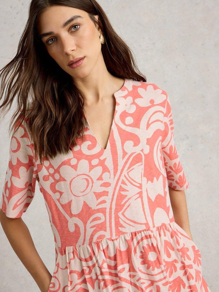 Thea Short Sleeve Jersey Dress in CORAL MLT - MODEL DETAIL